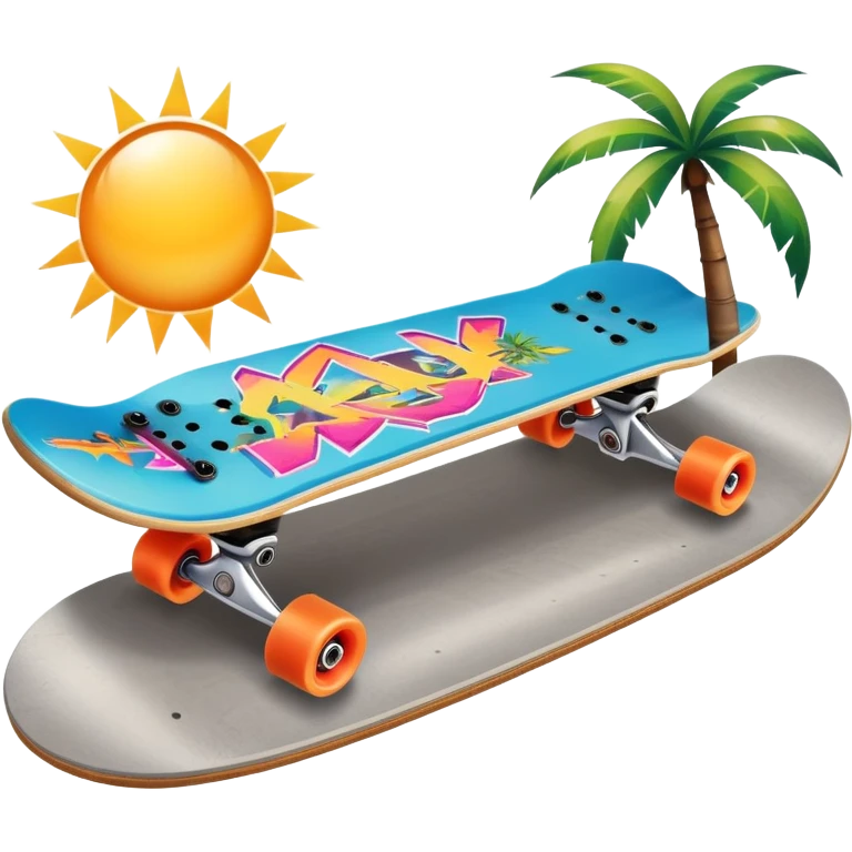 An icon featuring a skateboard resting on a smooth concrete surface. The background shows a sunny skate park with ramps, graffiti walls, and palm trees, creating an urban vibe. The skateboard is designed with vibrant colors and unique graphics. Transparent background  emoji