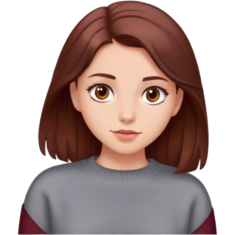 A girl with brown hair smiles, gray eyes, wearing a burgundy sweater emoji