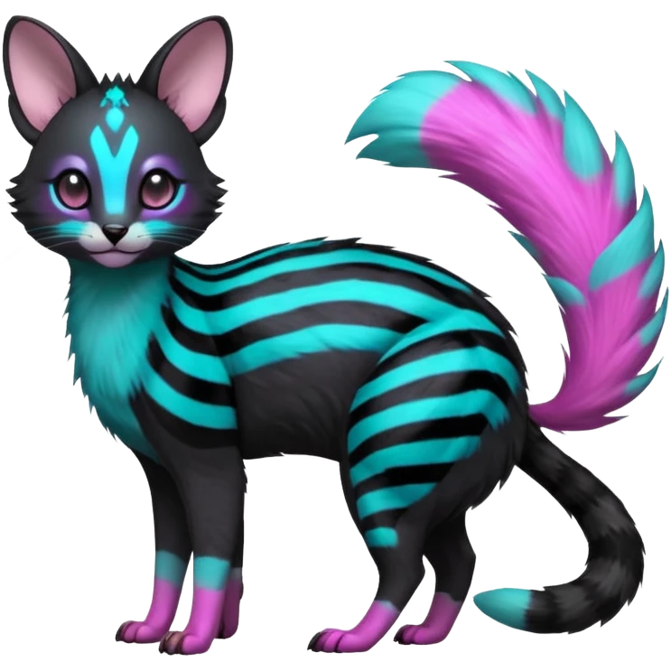 Hyper-realistic Black-coated with glowing random cyan and magenta markings divine beautiful elegant pretty precious cute young youthful  Fakémon-Pokémon-alien-opossum-feline-serval-caracal-chinchilla-Minccino-hybrid-creature with a big fluffy bushy striped tail (full body) emoji