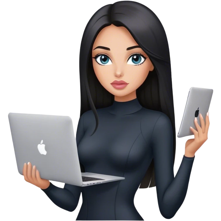Glamours, tanned, very beautiful girl, with big pump peach-beige-rose lips, black straight smooth silky long hair, straight parting, blue-grey eyes, in black bodysuit holding MacBook emoji