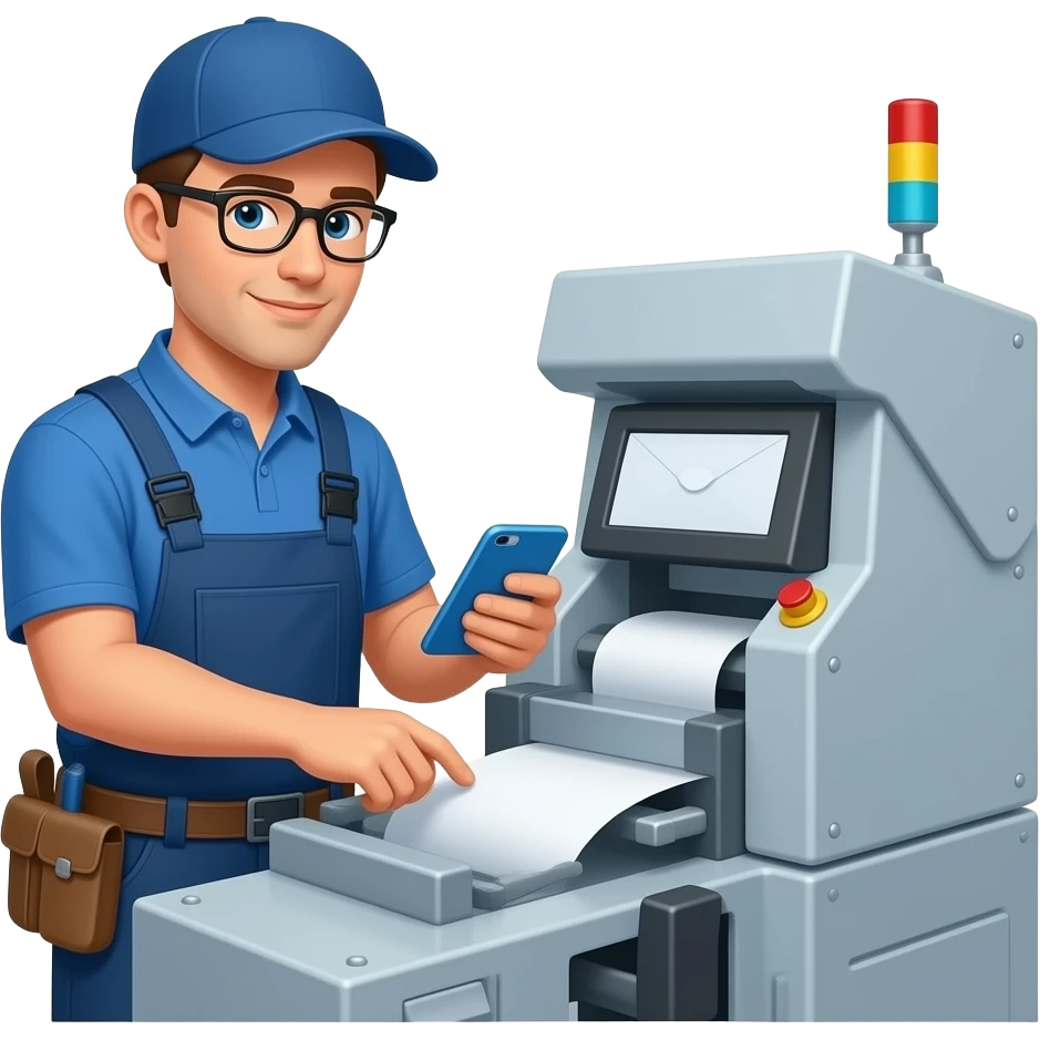 service technician working on a Kern enveloping inserting system. visit www.kernworld.com to check aur machines. emoji