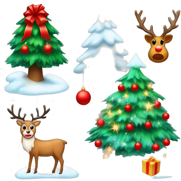 snowy christmas tree with red balls and lights with a star on top and presents underneath and a reindeer with santa claus next to it emoji