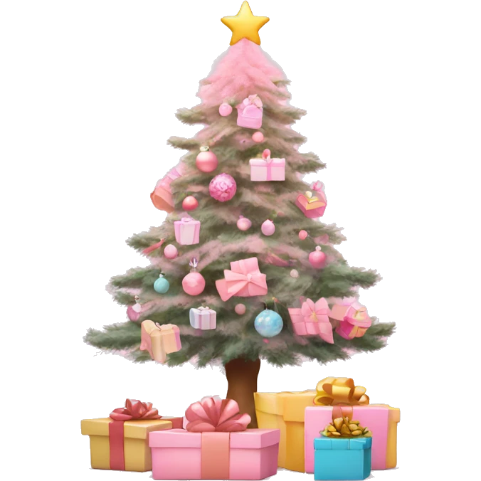 pastel pink christmas tree and some gift boxes under emoji