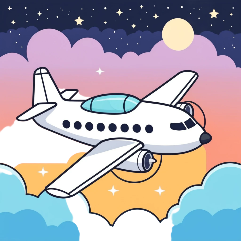 a plane flying above clouds and below stars emoji