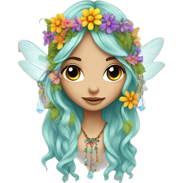 Bohemian hippie fairy flowers in hair, crystal jewelry emoji