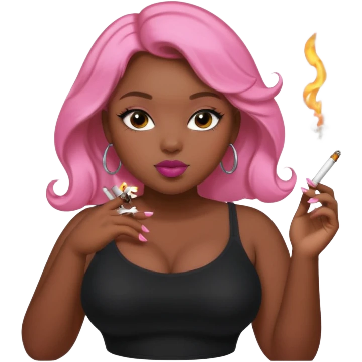 Curvy, light brown long hair, nsfw intimate pose pretty black girl pink gloss smoking emoji