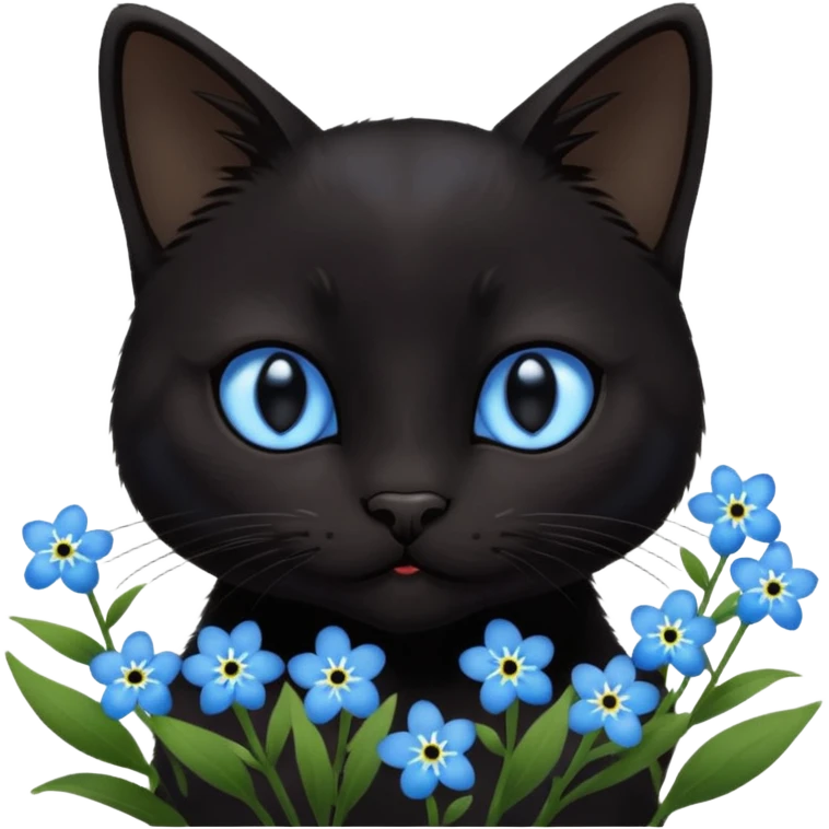 Un chat noir qui jou avec myosotis bleu emoji