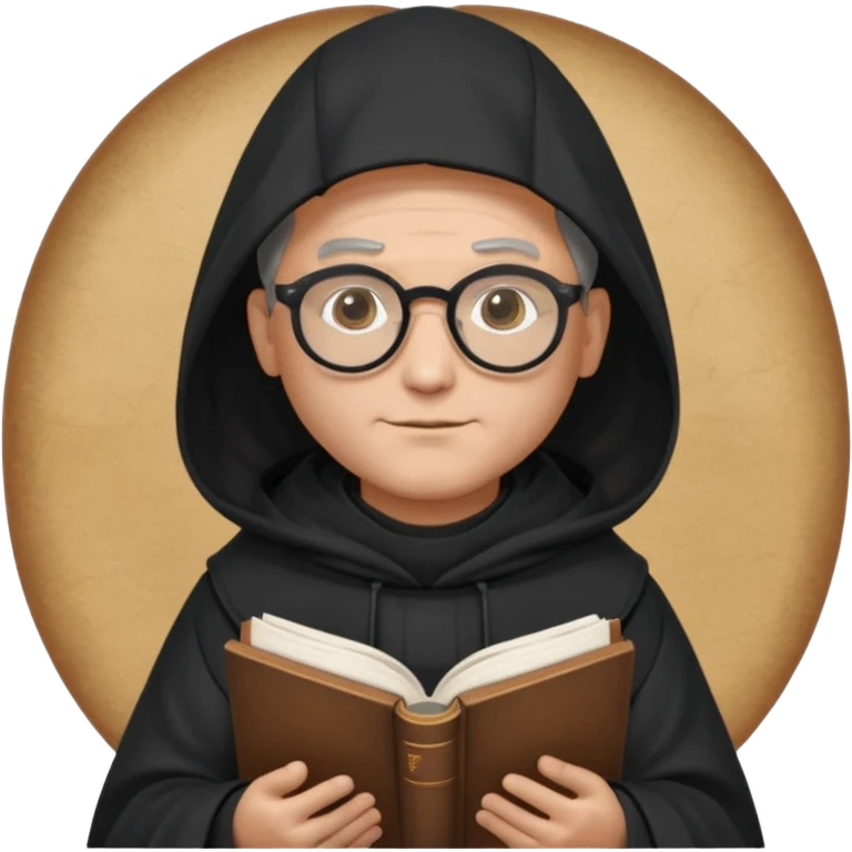 Monk priest prayer black habit with hood round black glasses done light brown wavy hair under hood remove the medallion smaller more round glassed age 46 no necklace more oval face hand holding book that says RB 480 top left is great add a little hair brown gray under hood  emoji