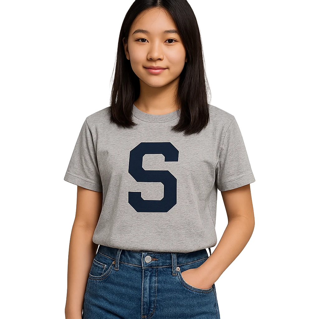 teenage Asian girl with an S on her shirt, modern casual style, simple background emoji
