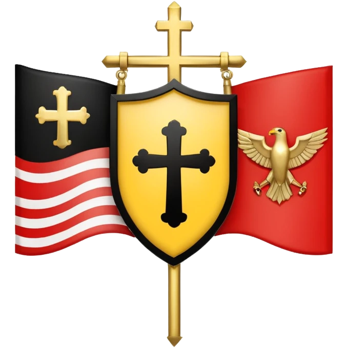 Flags: There are four flags, two on the top and two on the bottom, in the black and gold (yellow) quarters. Each flag features a gold Coptic cross.: In the center, there is a white shield or banner with a red eagle or bird, 
 emoji
