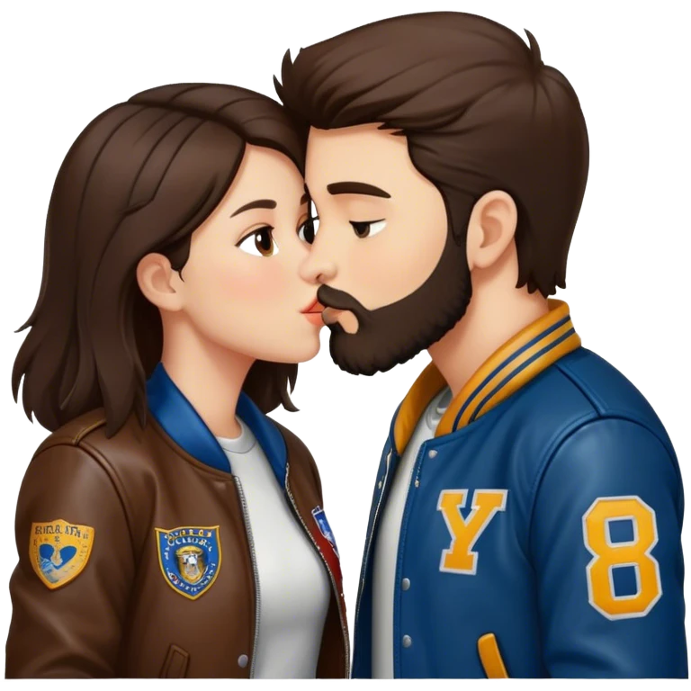 A brunette girl with a letterman jacket kissing a brunette boy with a beard and leather jacket  emoji
