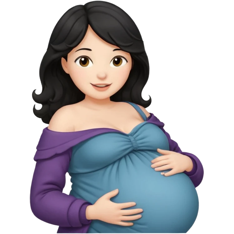 pregnant woman with wavy black hair happily touching her big belly while wearing warm clothes and a thin coat slightly drop of her shoulder emoji