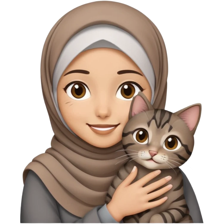 Girl wearing hijab smiling while holding a black brown grey tabby cat emoji