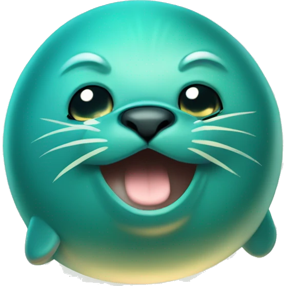 teal-coloured seal pouting with light rays exploding out from behind emoji