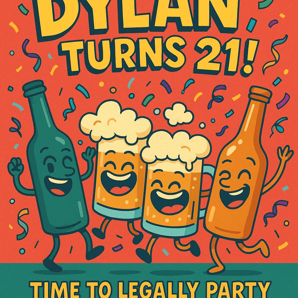 Digital birthday card for Dylan's 21st birthday with a wild party vibe, cartoon alcohol characters like dancing bottles and laughing beer mugs, headline 'Dylan Turns 21!', bright festive palette, and a humorous message about legal drinking. emoji