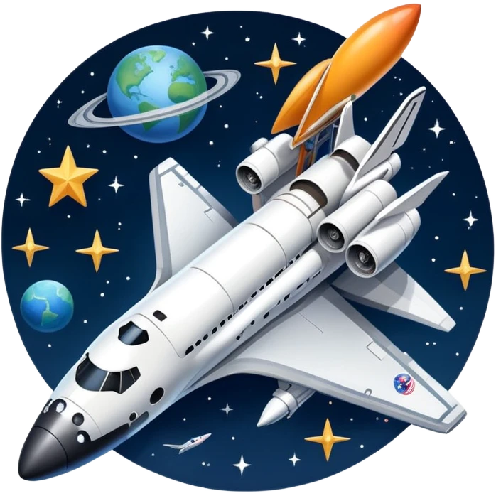 An icon featuring a space shuttle and an airplane against a starry sky, symbolizing aerospace technology. The design includes rocket boosters and satellite orbits, representing the exploration of space and advanced aviation. Transparent background emoji