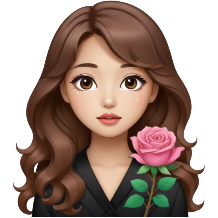 “korean brown hair Emoji girl, soft eyeliner, gradient rose lips, light brown shimmer eyeshadow, sparkly aegyo-sal, long wavy hair,  emoji