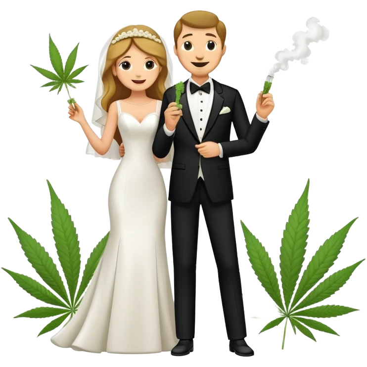 Full body view of bride in white dress and groom in tuxedo sharing a cannabis joint, cheerful cartoon wedding couple standing together emoji
