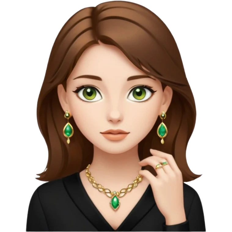 Μια κοπέλα καστανή με μαύρα ωραία ρουχα και σκουλαρίκια και κοσμήματα και βαμμένη ελαφρό και πράσινα μάτια τα κοσμήματα λίγα και χρυσα τα κοσμήματα να είναι λίγα και λεπτα και βαμμενοι emoji