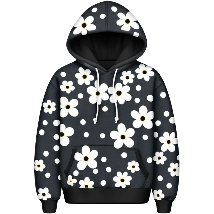 The BLACK Denim Tears Hoodie features a black base with distinctive white and black  open flower spots with empty space in the middle, These hollow ring-like patterns are scattered across. BLACK AND WHITE FLOWERS emoji