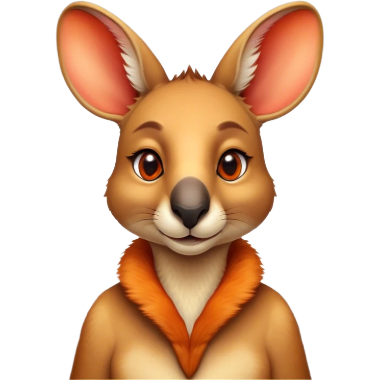 Cinematic Noble Kangaroo Portrait Emoji, Poised and regal, with a powerful, muscular build and a sleek, well-groomed fur of warm red-orange hues, deep-set soulful amber eyes and a strong tail, Simplified yet sharp and sophisticated features, highly detailed, glowing with a warm, dignified glow, high shine, intelligent and athletic, stylized with an air of outback majesty, focused and attentive, soft glowing outline, capturing the essence of a watchful and confident marsupial, so majestic it feels as though it could bound out of the screen with effortless authority! emoji