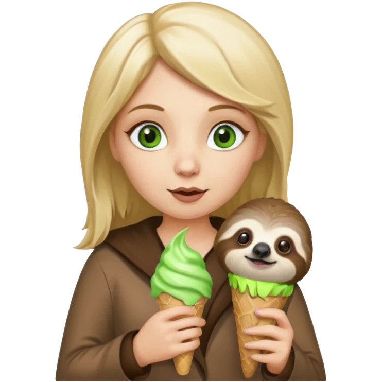 Blonde women green eyed in a sloth costume having a cone  emoji