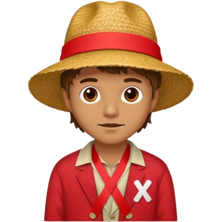 Make a guy with a straw hat and the hat has a red rebin and a red jacket and sandals and a x on he's chest emoji