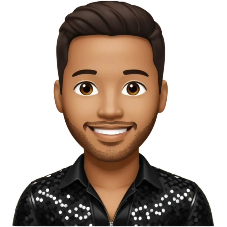 Romeo Santos with dark brown hair, black sequin outfit emoji