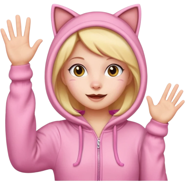 Girl in pink cat onesie waving happily emoji