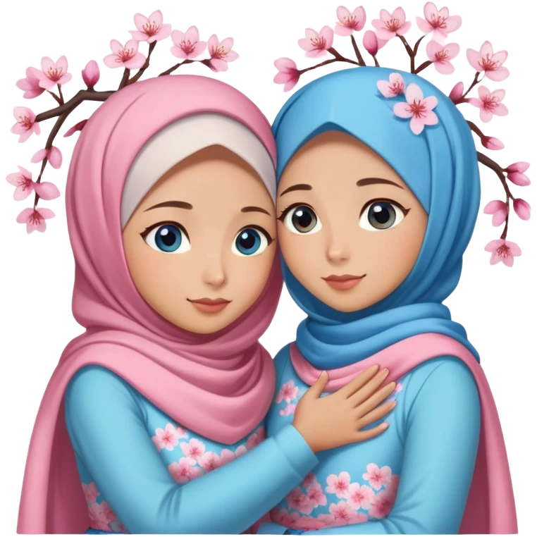 Two sister hugs Turkish girls beautiful finish Konya blue eyes with cherry blossom hijab and heart dress and hugs  emoji