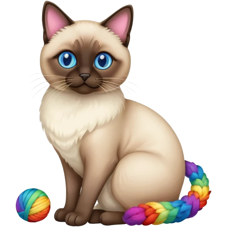 Siamese cat sitting full body with rainbow eyes playing with a wool ball emoji