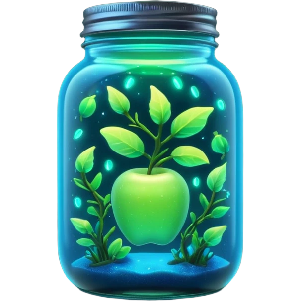 3D render of Firefly Jar, bioluminescent deep sea style, glowing neon blue and green lights, dark background to contrast the glow, translucent organic textures, Apple emoji style. emoji
