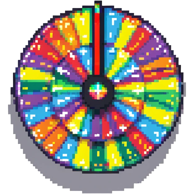 fortune wheel with rainbow colored sections and a spinner arrow emoji