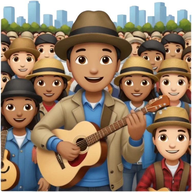 Street Musician in fan photo with crowd, Street Memories. emoji