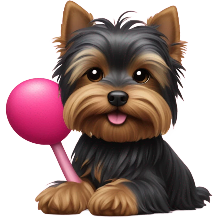 Black Yorkshire terrier playing with flamingo toy emoji
