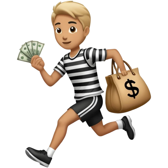 Robber running with money bag in black and white stripped clothing  emoji