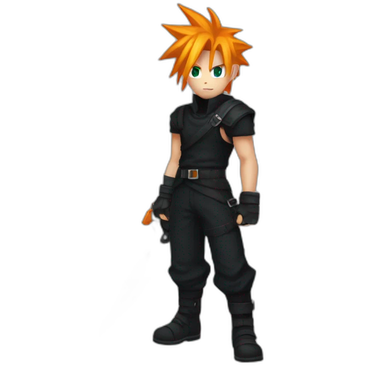cloud strife with orange hair. Black clothes full body  emoji