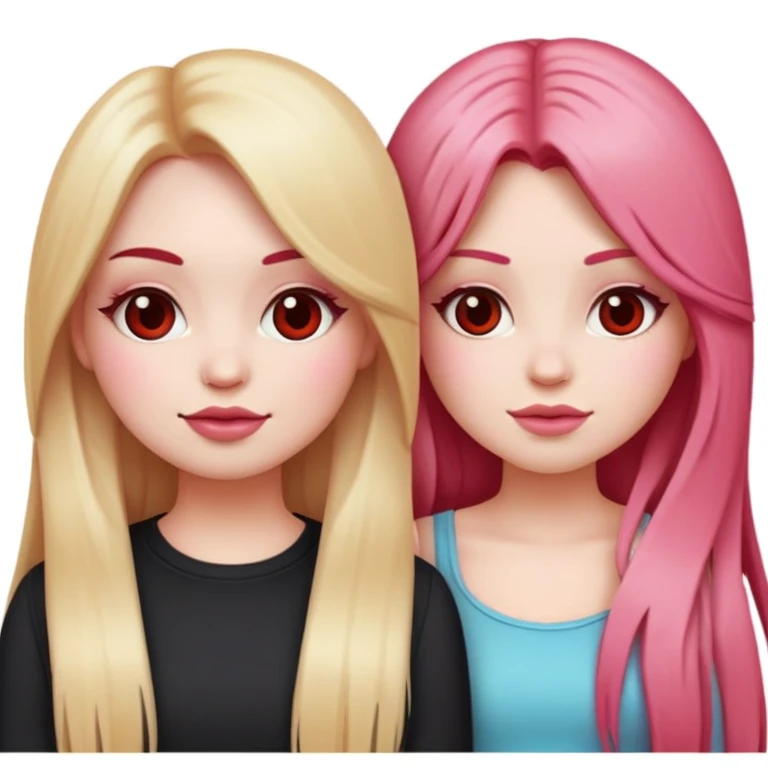 Emoji style, two girl best friends. One with a really girly look, big cheeks, long and straight blonde hair and white skin. The second one with long layered deep red hair with a lot of volume and a 80's rockstar look. emoji