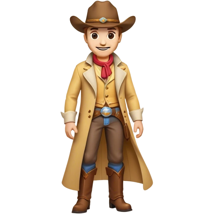 Clash of Clans aesthetic Cheerful Cowboy Portrait Emoji, With a bright, confident smile and a relaxed, adventurous stance, showcasing a stylized, spirited build in a duster coat and classic hat, his face rendered in natural skin tone, Simplified yet expressive features, highly detailed, glowing with a soft, golden western radiance, high shine, upbeat and daring, stylized with an air of classic cowboy allure, soft glowing outline, capturing the essence of a cheerful cowboy ready to gallop into epic adventures! emoji