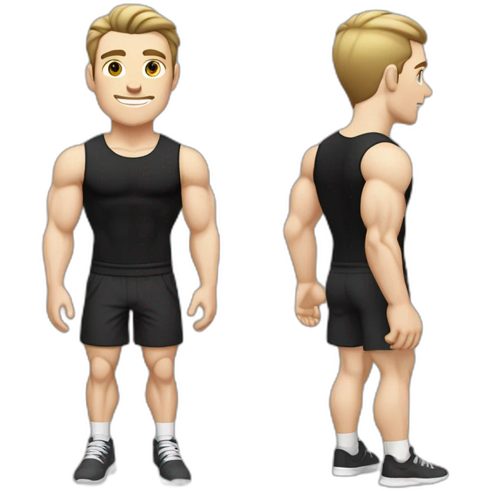 Pale skinned Fit Man With the biceps and dark brown hair in black shirt, gray sports shorts and white Sneakers emoji