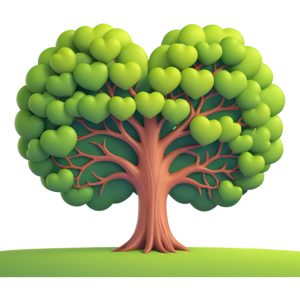 a giant tree with a canopy perfectly shaped like a heart, towering and majestic, smooth and vibrant like Microsoft fluent emojis emoji
