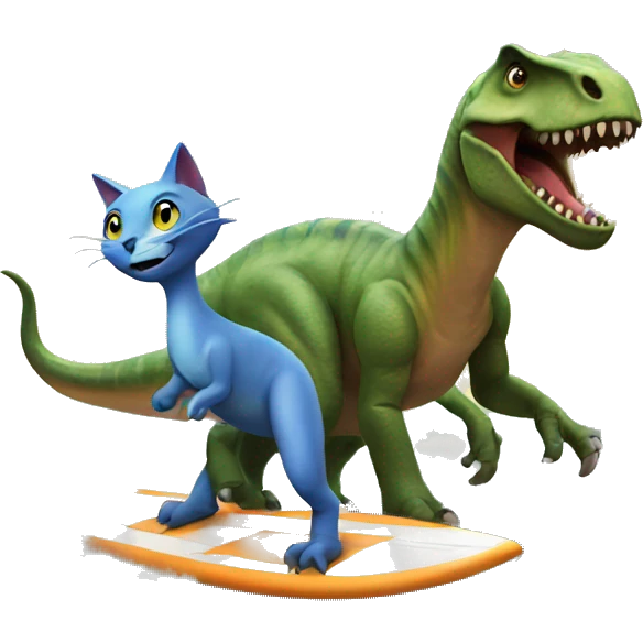 Dinosaur with cat on had on surf emoji
