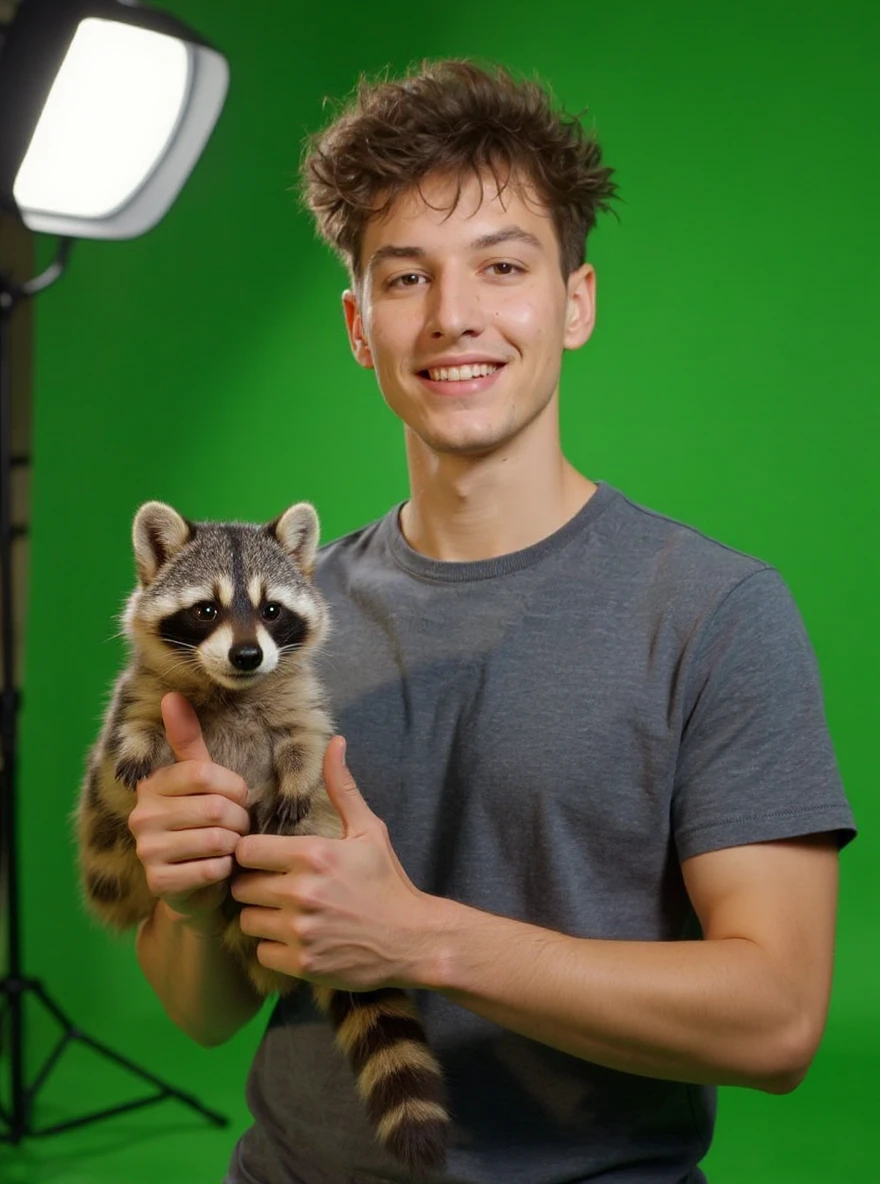 Make him holding happy raccoon showing thumbs up, in background movie set with green screen, proffesional light emoji