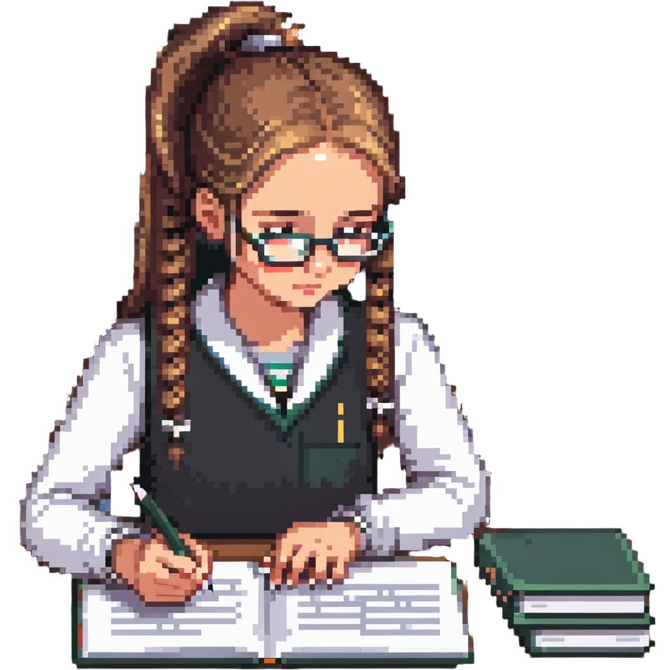 Girl with ponytail working on exam at desk with textbooks emoji