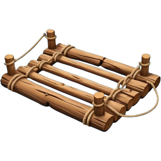 showing a simple wooden raft floating on calm blue water — made of several brown logs tied together with rope — gentle ripples around it — bright, cheerful lighting and soft shadows — minimalist, clean emoji design emoji