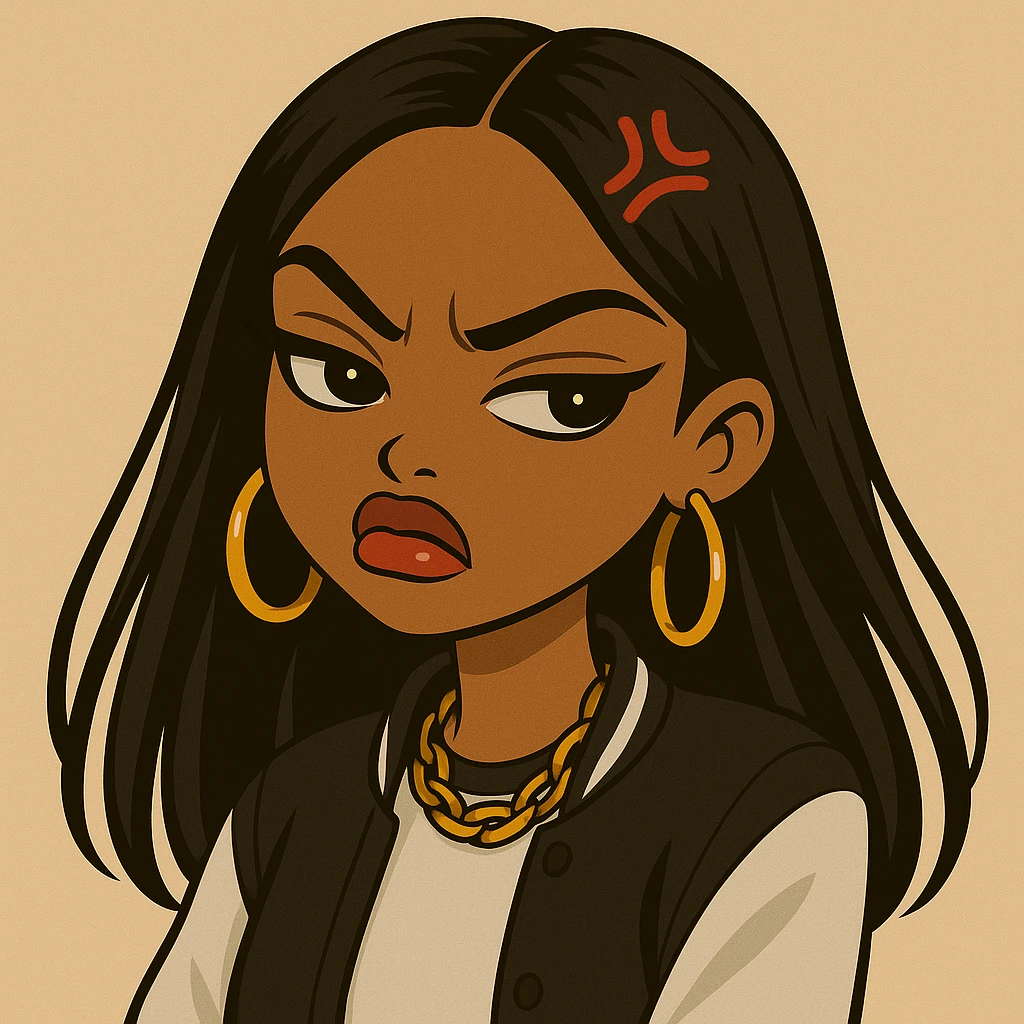 Change the expression to angry with a snooty attitude, keep the side-eye pose, headshot only, 20-year-old anime Bratz style woman with dark skin, straight hair, more casual outfit, big expressive eyes, glossy lips, no hat, no tears, nose turned up. emoji