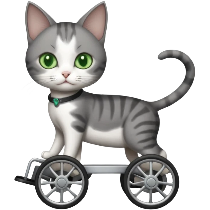 full body small short hair dark grey and white cat with green eyes walking in a wheelchair for cats emoji