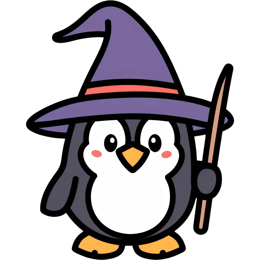 penguin wizard with magic wand and wizard hat emoji