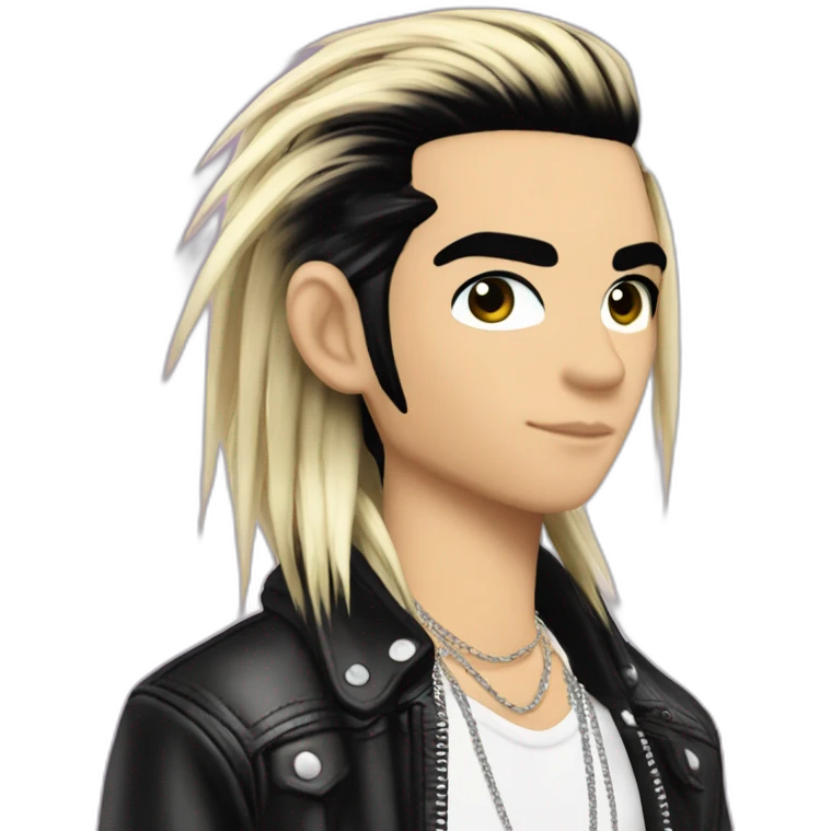 Bill Kaulitz black hair down with blonde highlights emo 2000s hairspray skunk hair emoji