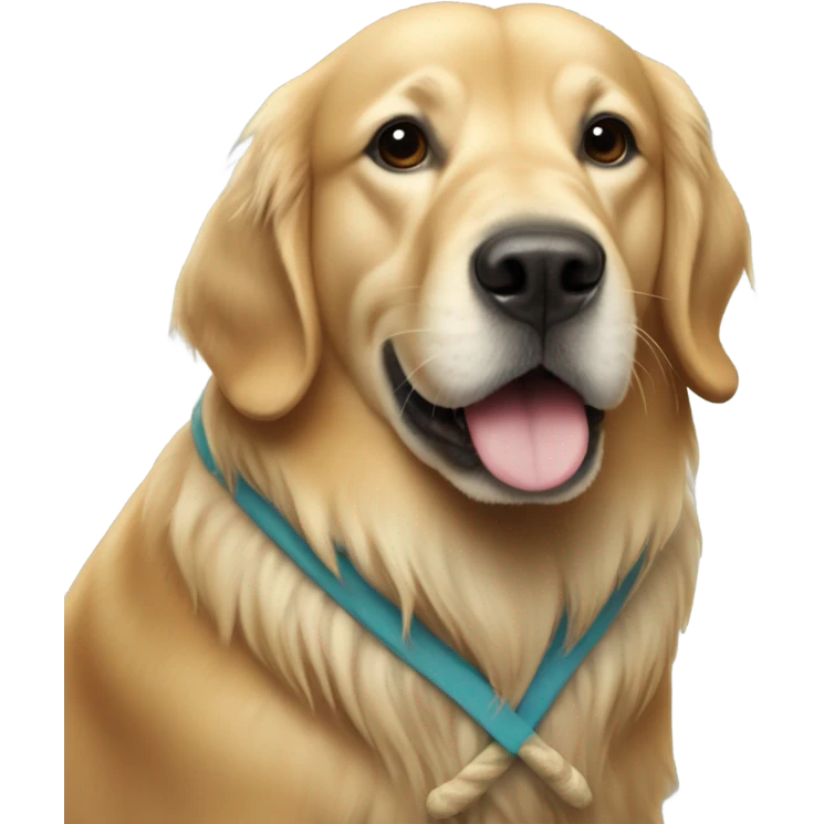 A golden retriever dressed like a walrus emoji